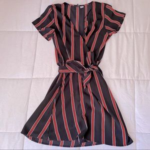 Size 8, H&M wrap front, red black striped dress